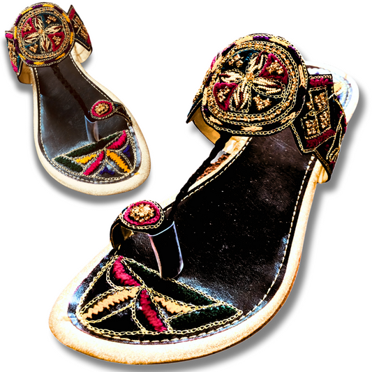 Handcrafted Black Chappal with Phulkari Embroidery & Zari Work