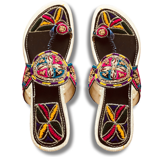 Handcrafted Black Chappal with Phulkari Embroidery & Zari Work