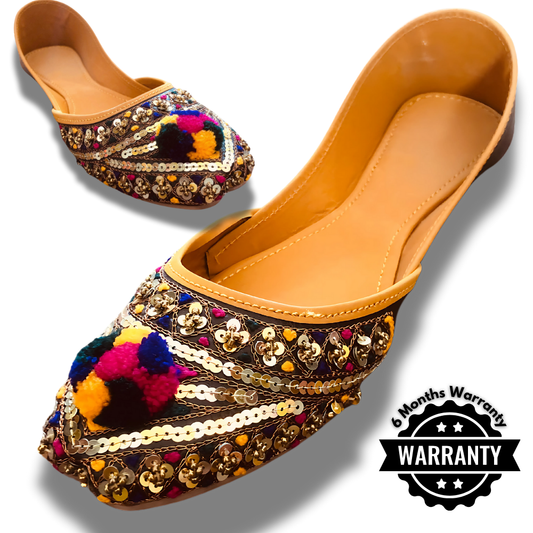 Handcrafted Black Khussa with Sequin & Pom-Pom Work | 6-Month Warranty