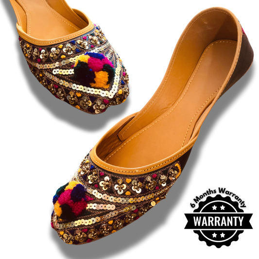 Handcrafted Black Khussa with Sequin & Pom-Pom Work | 6-Month Warranty
