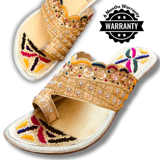 Handcrafted Moti & Gota Work Chappal with 6-Month Warranty